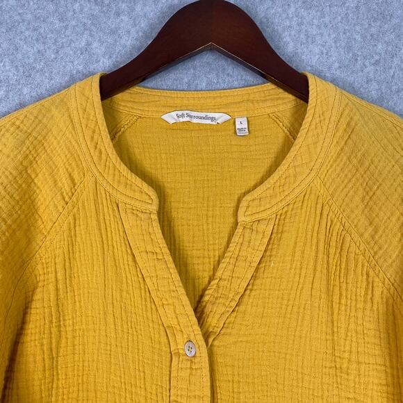 Soft Surroundings Yellow 100% Cotton Gauze Long Sleeve Button Up Shirt Sz Large - Picture 2 of 8